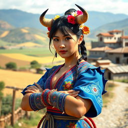 A creative interpretation of Chun-Li, the famous Street Fighter character, dressed as a typical Chilean rural woman