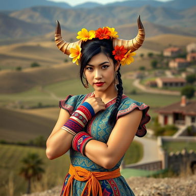 A creative interpretation of Chun-Li, the famous Street Fighter character, dressed as a typical Chilean rural woman