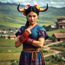 A creative interpretation of Chun-Li, the famous Street Fighter character, dressed as a typical Chilean rural woman