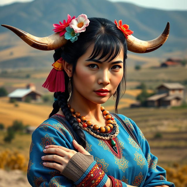 A creative interpretation of Chun-Li, the famous Street Fighter character, dressed as a typical Chilean rural woman