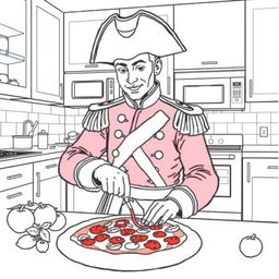 Napoleon Bonaparte in a modern kitchen, wearing his iconic military uniform with epaulettes and bicorne hat, engaging in the fun activity of cooking a pizza