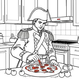 Napoleon Bonaparte in a modern kitchen, wearing his iconic military uniform with epaulettes and bicorne hat, engaging in the fun activity of cooking a pizza