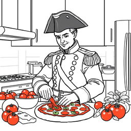 Napoleon Bonaparte in a modern kitchen, wearing his iconic military uniform with epaulettes and bicorne hat, engaging in the fun activity of cooking a pizza