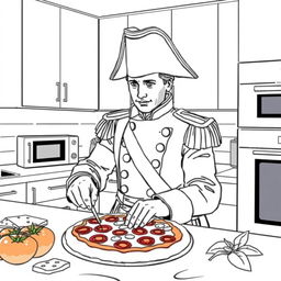 Napoleon Bonaparte in a modern kitchen, wearing his iconic military uniform with epaulettes and bicorne hat, engaging in the fun activity of cooking a pizza