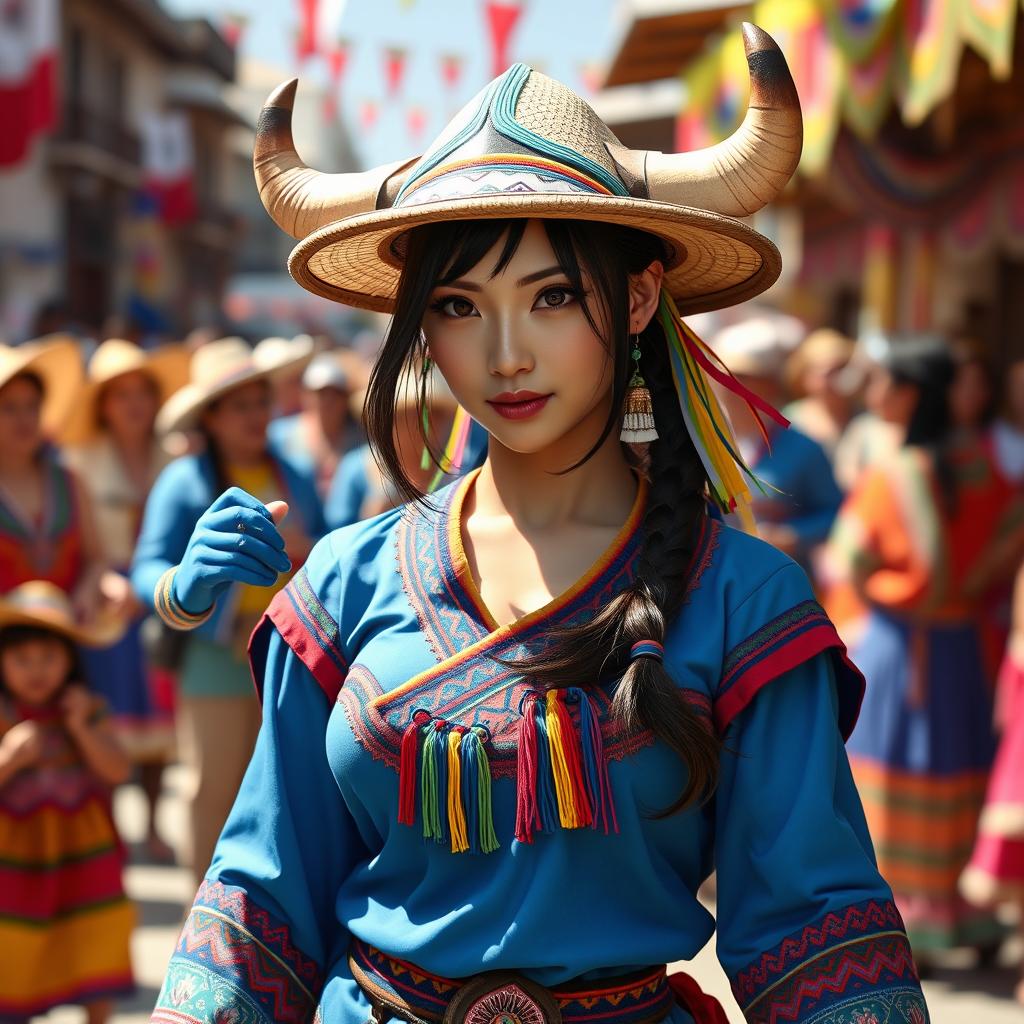 An imaginative portrayal of Chun-Li from Street Fighter in traditional Chilean attire