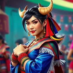 An imaginative portrayal of Chun-Li from Street Fighter in traditional Chilean attire