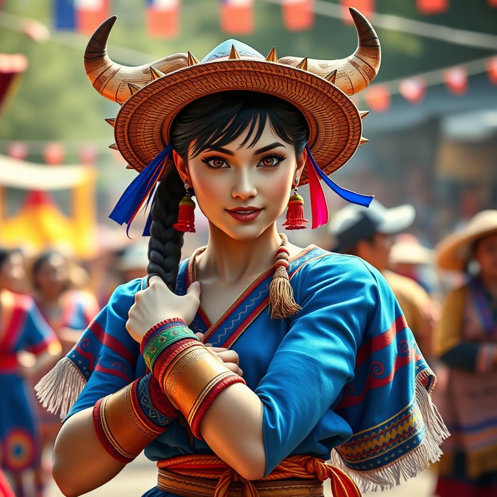 An imaginative portrayal of Chun-Li from Street Fighter in traditional Chilean attire