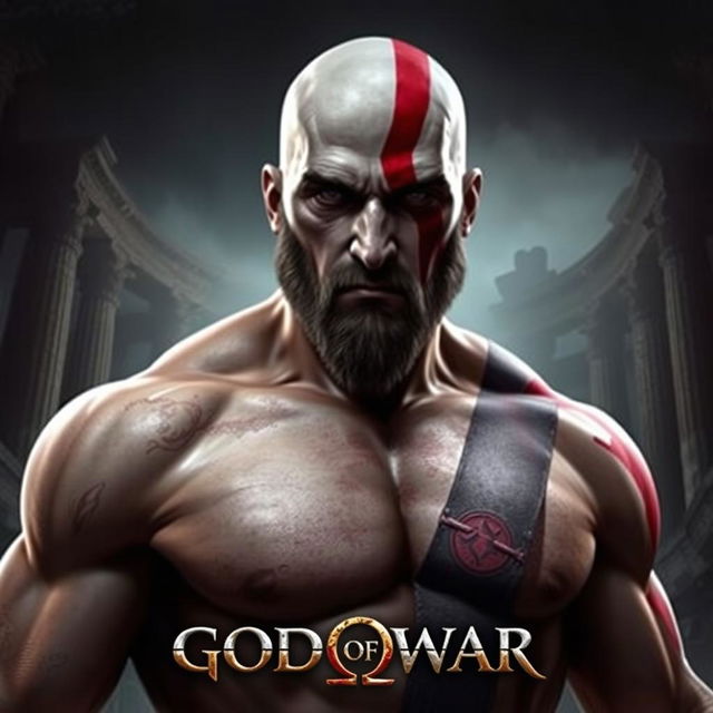 A detailed portrait of a clean-shaven Kratos from God of War 3, showcasing his muscular build and iconic red tattoo