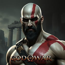 A detailed portrait of a clean-shaven Kratos from God of War 3, showcasing his muscular build and iconic red tattoo