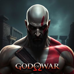 A detailed portrait of a clean-shaven Kratos from God of War 3, showcasing his muscular build and iconic red tattoo