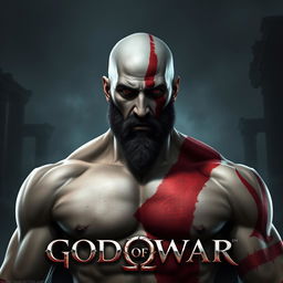 A detailed portrait of a clean-shaven Kratos from God of War 3, showcasing his muscular build and iconic red tattoo