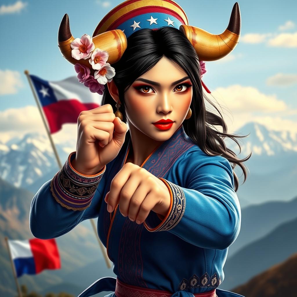 A captivating representation of Chun-Li from Street Fighter, reimagined as a Chilean character