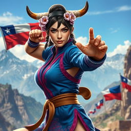 A captivating representation of Chun-Li from Street Fighter, reimagined as a Chilean character