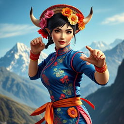 A stunning depiction of Chun-Li, the iconic Street Fighter character, reimagined with a Chilean twist