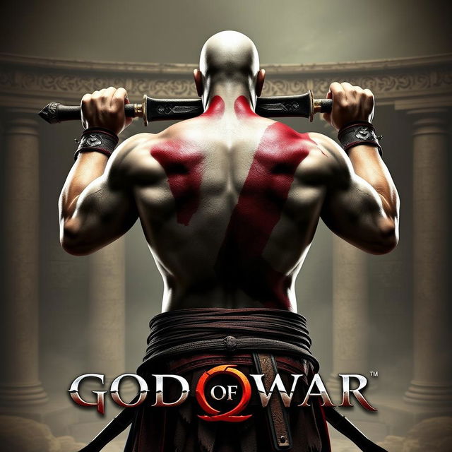 A high-resolution 1920x1080 image featuring a clean-shaven Kratos from God of War 3, shown from the back holding his iconic blades