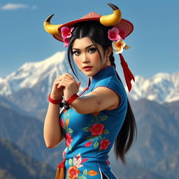 A stunning depiction of Chun-Li, the iconic Street Fighter character, reimagined with a Chilean twist