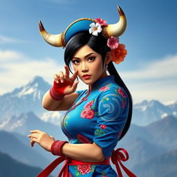 A stunning depiction of Chun-Li, the iconic Street Fighter character, reimagined with a Chilean twist