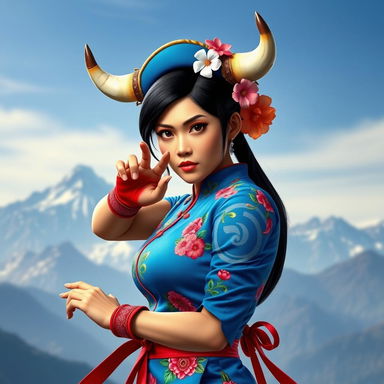 A stunning depiction of Chun-Li, the iconic Street Fighter character, reimagined with a Chilean twist