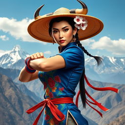 A stunning depiction of Chun-Li, the iconic Street Fighter character, reimagined with a Chilean twist