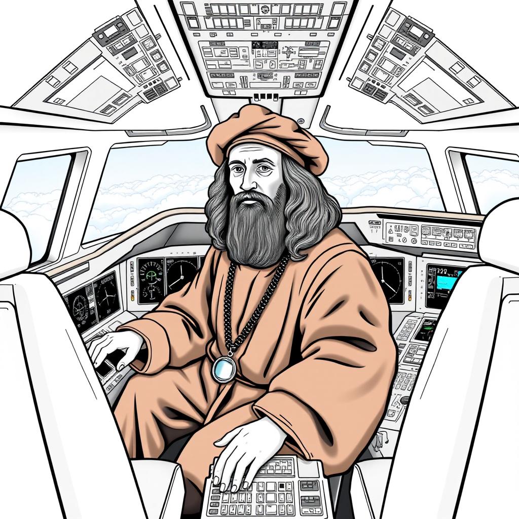 Leonardo da Vinci seated in the cockpit of a modern airplane, wearing his traditional renaissance attire, complete with a beret and robe, accurately capturing his real-life appearance