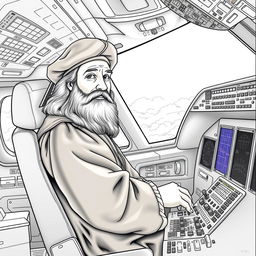 Leonardo da Vinci seated in the cockpit of a modern airplane, wearing his traditional renaissance attire, complete with a beret and robe, accurately capturing his real-life appearance