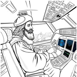 Leonardo da Vinci seated in the cockpit of a modern airplane, wearing his traditional renaissance attire, complete with a beret and robe, accurately capturing his real-life appearance