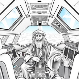 Leonardo da Vinci seated in the cockpit of a modern airplane, wearing his traditional renaissance attire, complete with a beret and robe, accurately capturing his real-life appearance