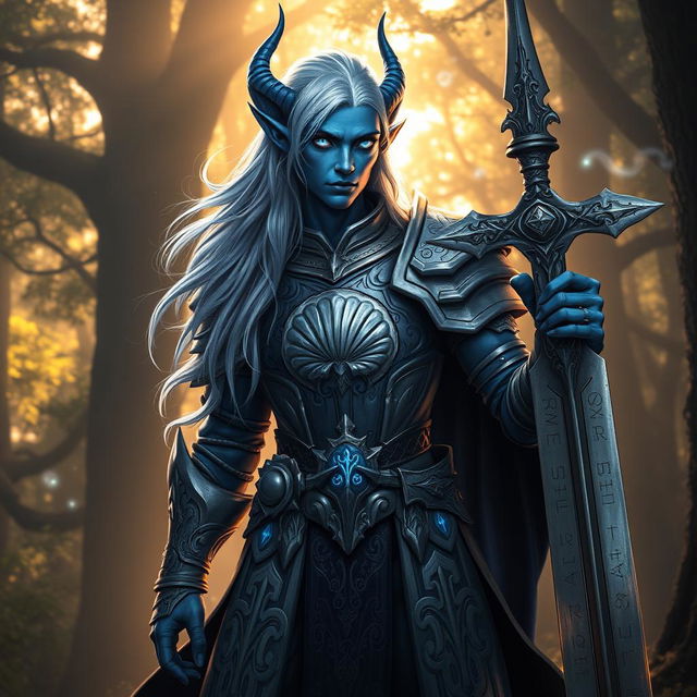 A striking blue-skinned tiefling paladin, standing in a heroic pose