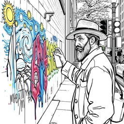 Vincent van Gogh engaging in street art, spray painting a wall in an urban setting