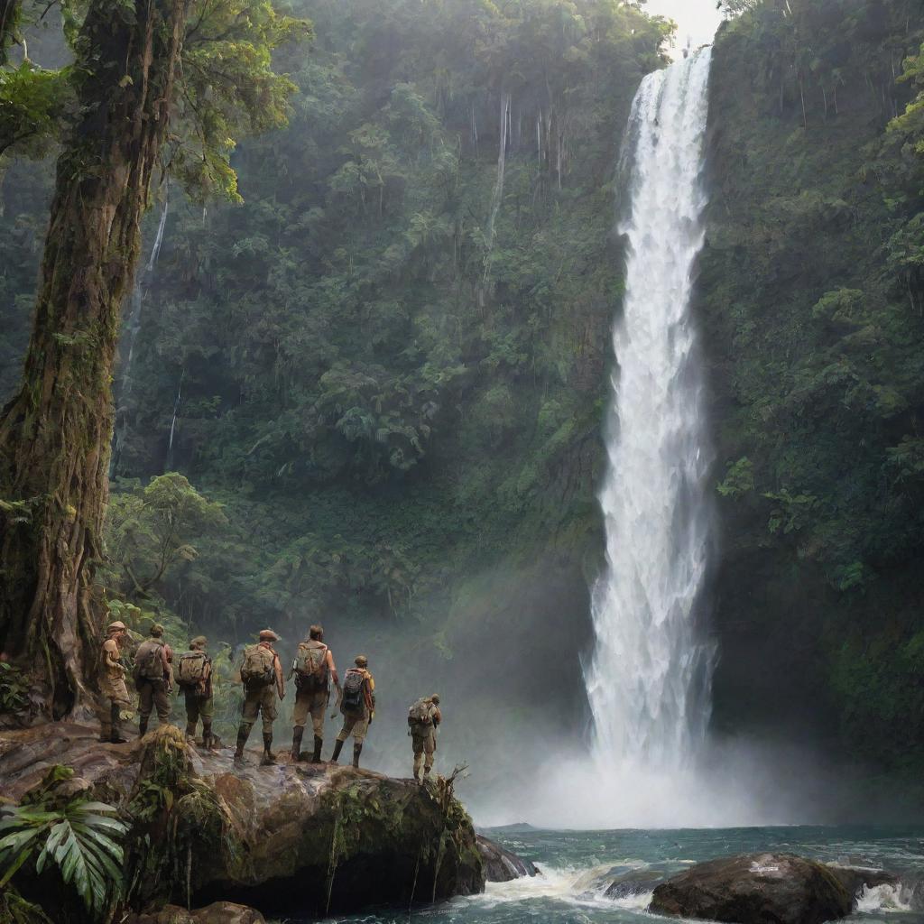 An epic adventure scene with a group of heroic explorers standing at the edge of a majestic waterfall, poised to embark on a journey through a lush, uncharted jungle.