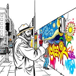 Vincent van Gogh engaging in street art, spray painting a wall in an urban setting