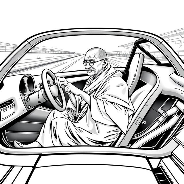 Mahatma Gandhi seated in the driver's seat of a modern race car, dressed in his iconic simple attire of a dhoti and shawl, maintaining his serene expression