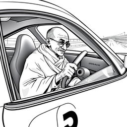 Mahatma Gandhi seated in the driver's seat of a modern race car, dressed in his iconic simple attire of a dhoti and shawl, maintaining his serene expression