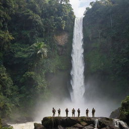 An epic adventure scene with a group of heroic explorers standing at the edge of a majestic waterfall, poised to embark on a journey through a lush, uncharted jungle.