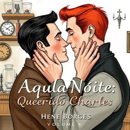 A realistic drawing of two 1950s-era men, one with red hair and the other with black hair, gently holding each other's faces