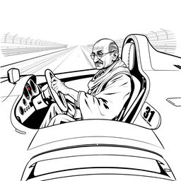 Mahatma Gandhi seated in the driver's seat of a modern race car, dressed in his iconic simple attire of a dhoti and shawl, maintaining his serene expression