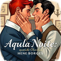 A realistic drawing of two 1950s-era men, one with red hair and the other with black hair, gently holding each other's faces