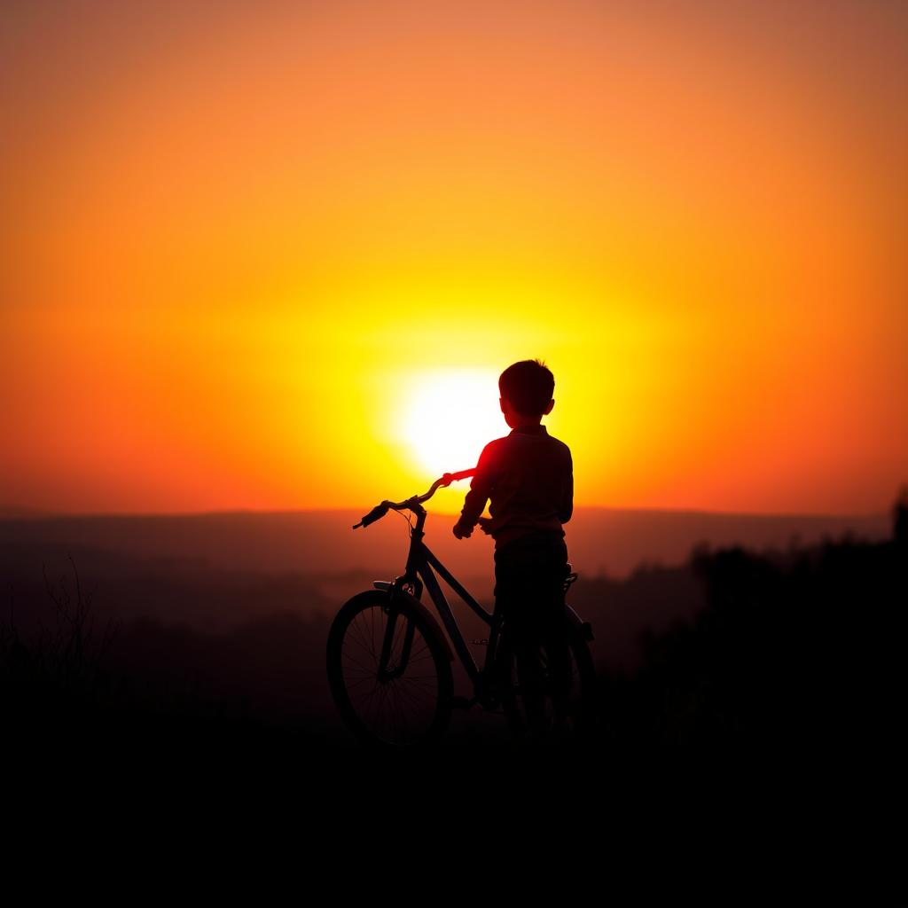 A serene scene capturing a boy at a sunset point, observing the vibrant hues of the sunset