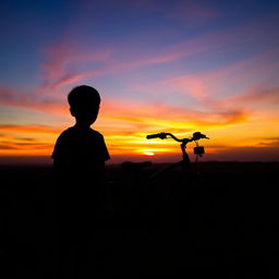 A serene scene capturing a boy at a sunset point, observing the vibrant hues of the sunset