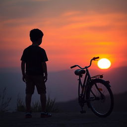 A serene scene capturing a boy at a sunset point, observing the vibrant hues of the sunset