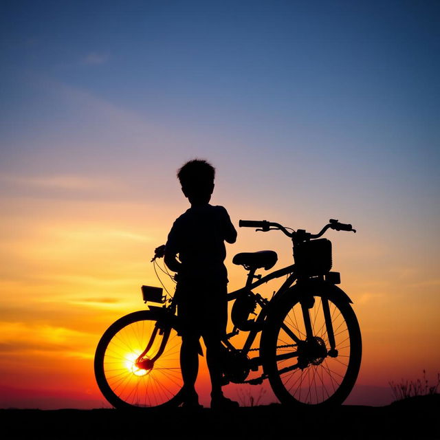 A serene scene capturing a boy at a sunset point, observing the vibrant hues of the sunset