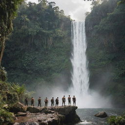 An epic adventure scene with a group of heroic explorers standing at the edge of a majestic waterfall, poised to embark on a journey through a lush, uncharted jungle.