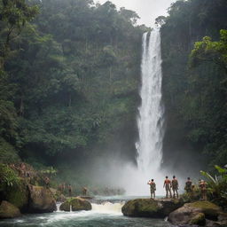 An epic adventure scene with a group of heroic explorers standing at the edge of a majestic waterfall, poised to embark on a journey through a lush, uncharted jungle.