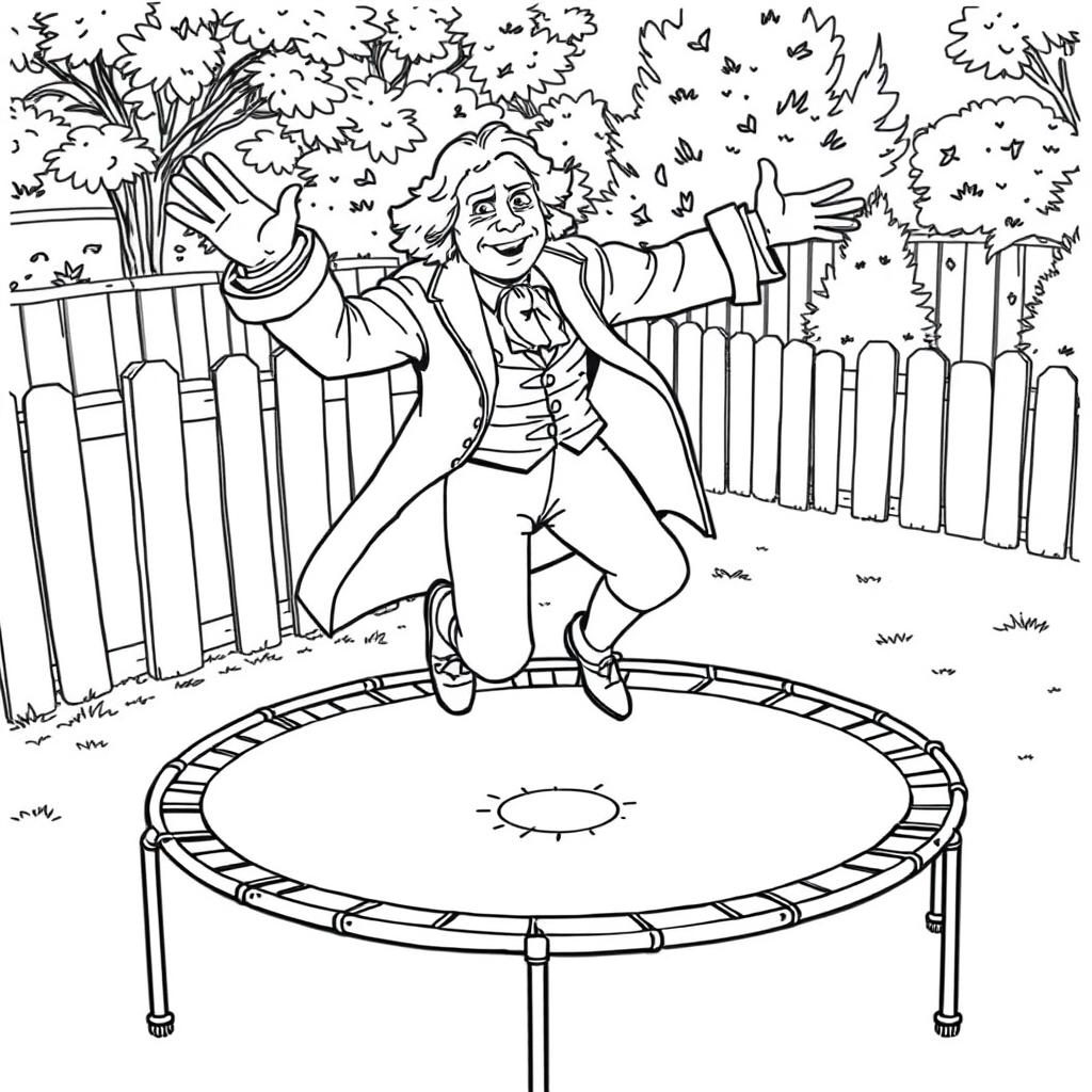 Isaac Newton energetically jumping on a trampoline, dressed in his historical 17th-century attire, including a long coat and cravat