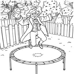 Isaac Newton energetically jumping on a trampoline, dressed in his historical 17th-century attire, including a long coat and cravat