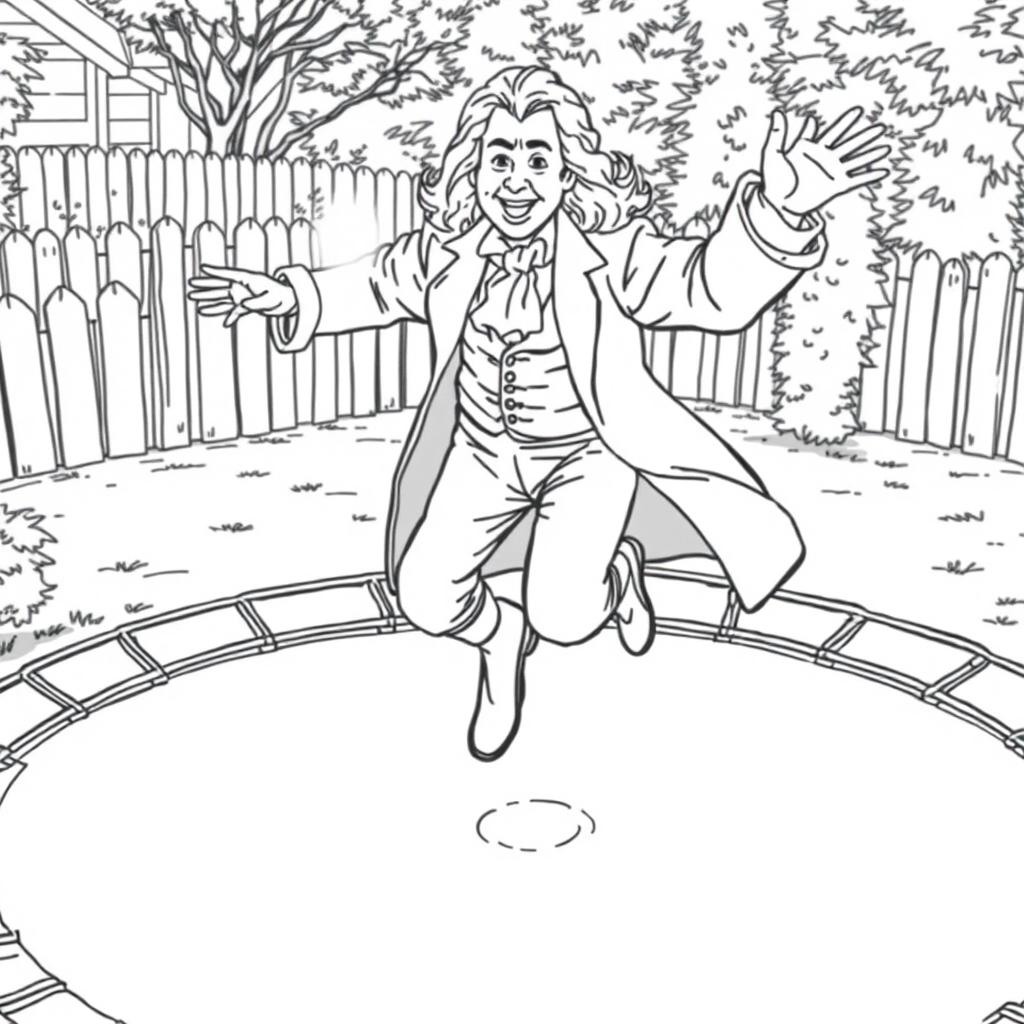 Isaac Newton energetically jumping on a trampoline, dressed in his historical 17th-century attire, including a long coat and cravat