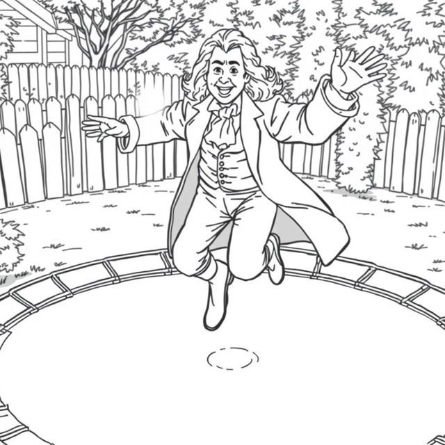 Isaac Newton energetically jumping on a trampoline, dressed in his historical 17th-century attire, including a long coat and cravat