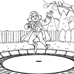 Isaac Newton energetically jumping on a trampoline, dressed in his historical 17th-century attire, including a long coat and cravat