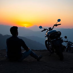 A serene and contemplative scene featuring a man sitting on the ground at a sunset point in Nepal, watching the magnificent sunset unfold