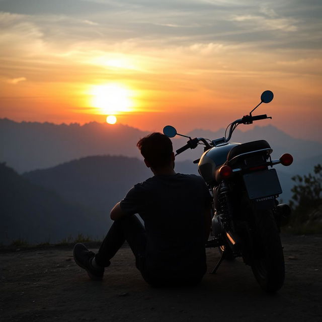 A serene and contemplative scene featuring a man sitting on the ground at a sunset point in Nepal, watching the magnificent sunset unfold